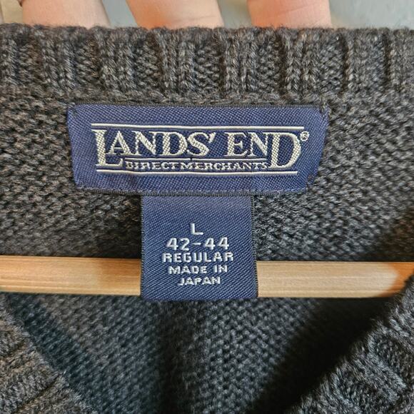 Lands' End Sweater Vest Mens L Gray Cotton Knit V Neck Pullover Preppy Old Money - Picture 2 of 7